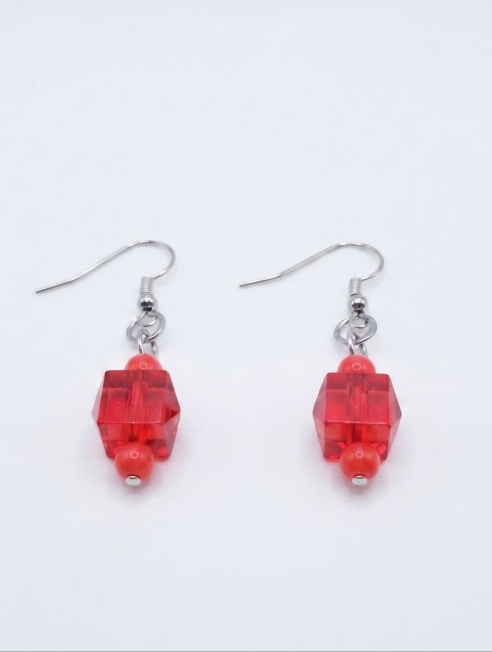 Handmade Red Bead Dangle Earrings with Crystal-Style Faceted Beads